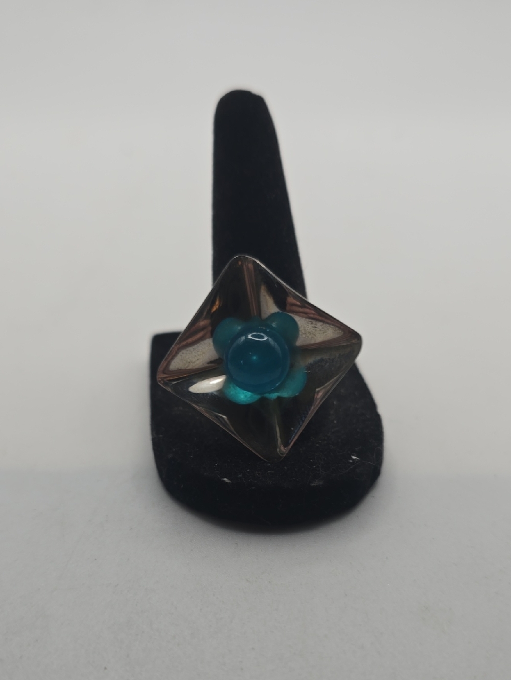 Mexican Sterling Silver Teal Glass Flower Statement Ring